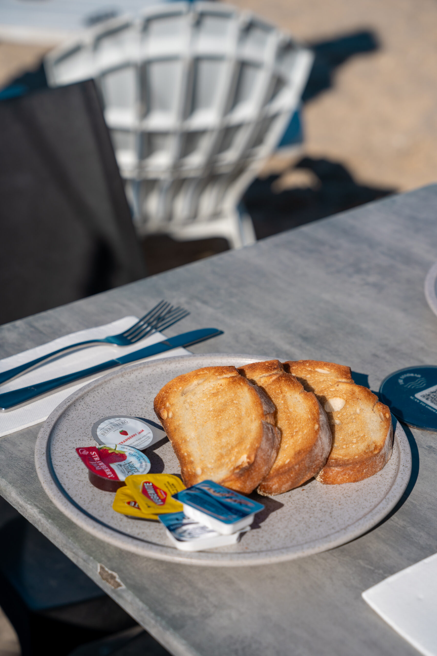 Three slices of toast served with house-made preserves, choice of sourdough, multigrain, fruit loaf, crumpets, or gluten-free bread.